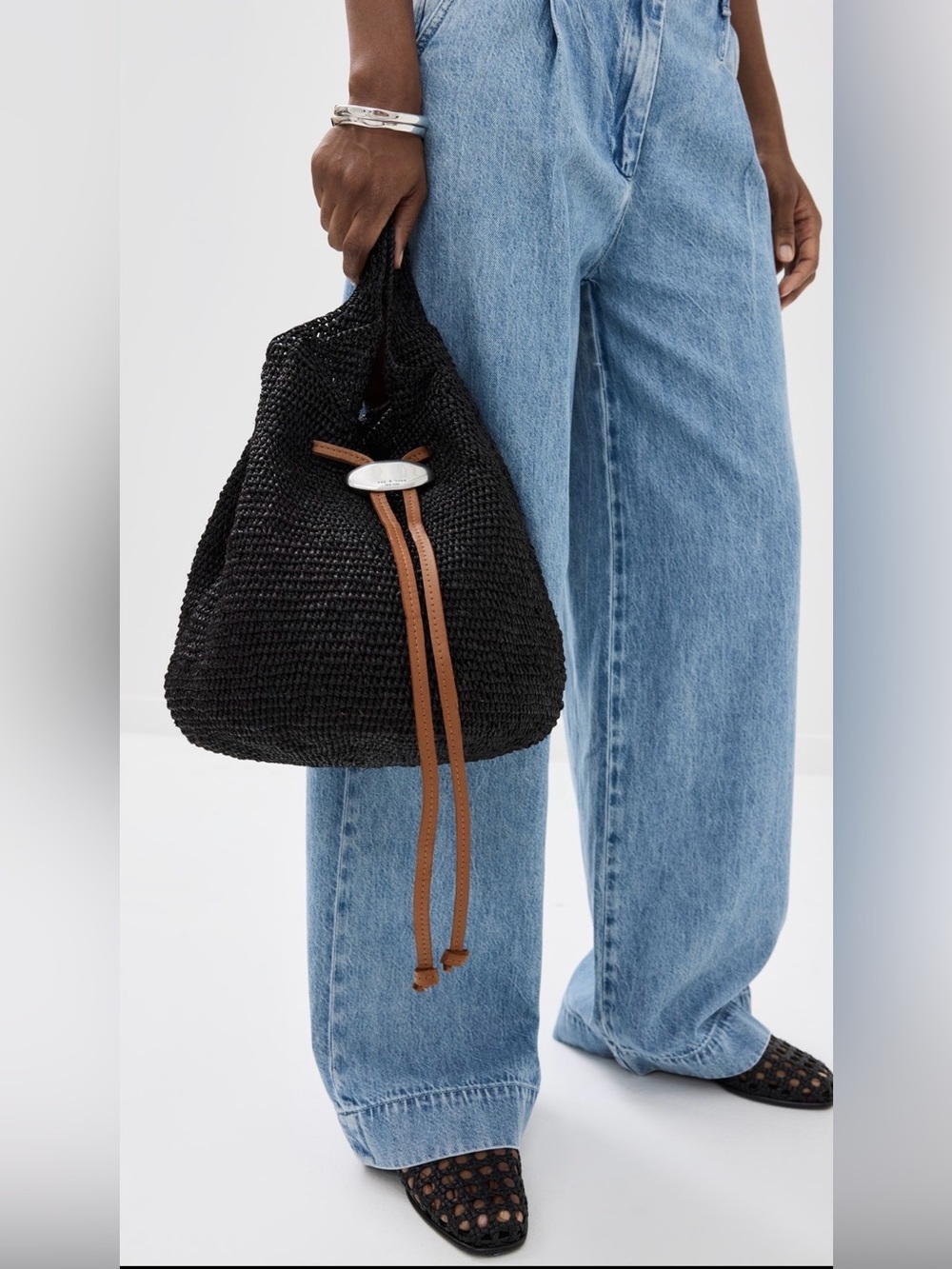 Rag & Bone Daily Straw Raffia Bucket Bag Black with Leather Trim Shoulder Bag